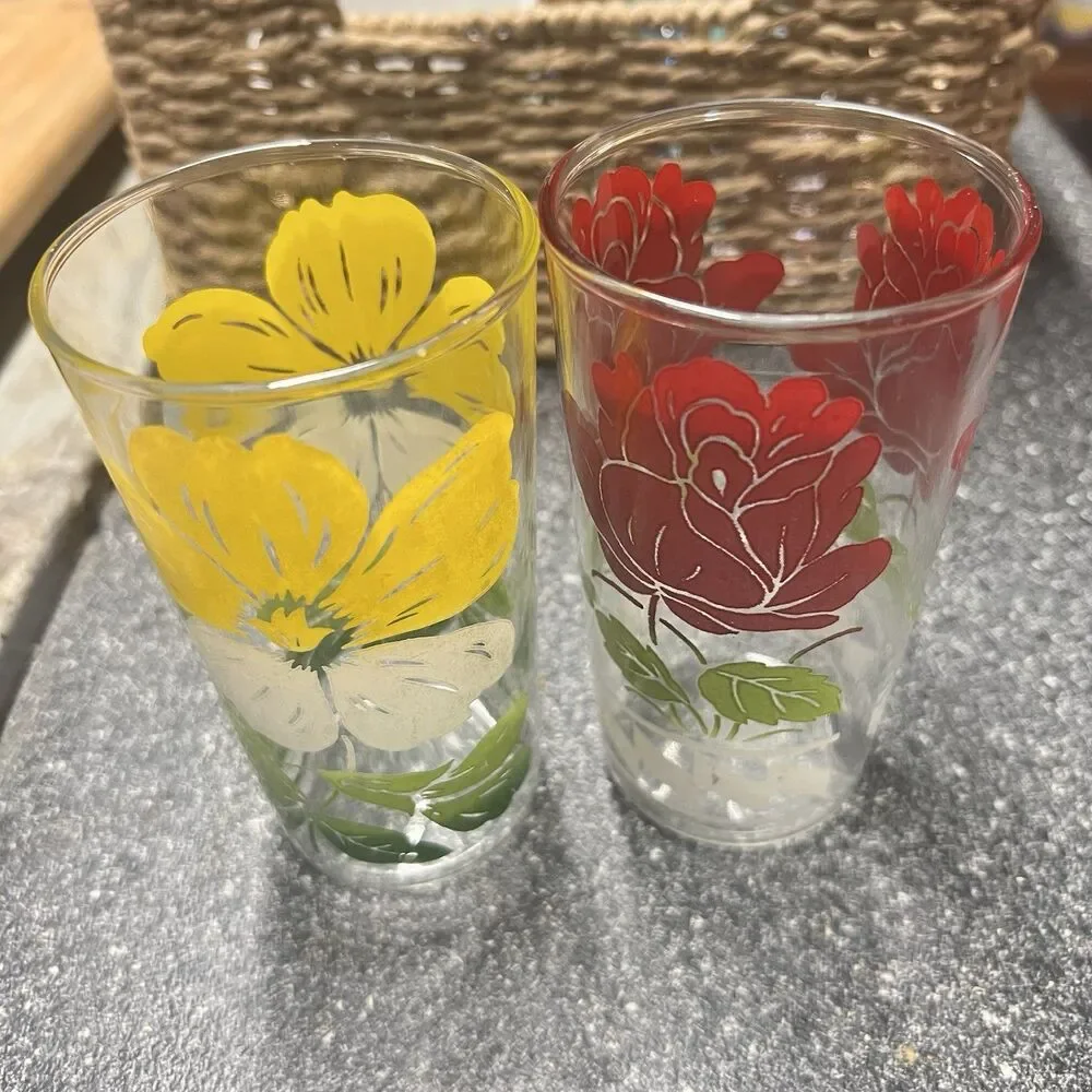 VTG Anchor Hocking/ Peanut Butter Glasses~Red Rose /Yellow Fiesta Flowers~Set 2